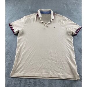 Tommy Hilfiger Mens Polo Shirt Tan Beige Striped Trim Cotton Size L Short Sleeve